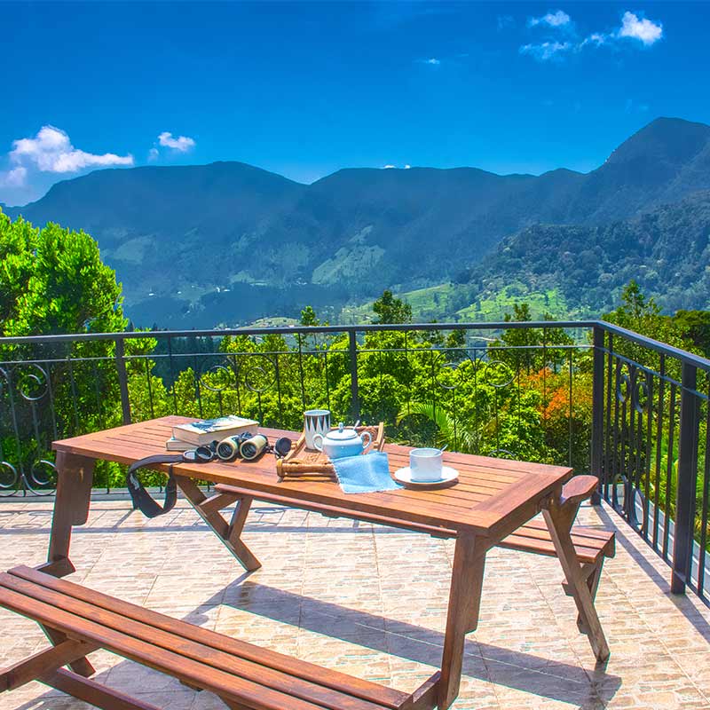 Balcony dining area with beautiful mountain view